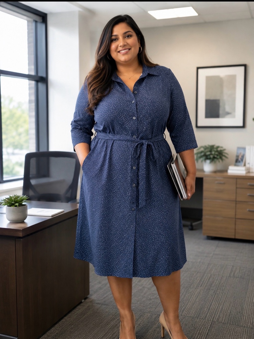 Large - Navy Polka Dot Button-Front Long Sleeve Dress